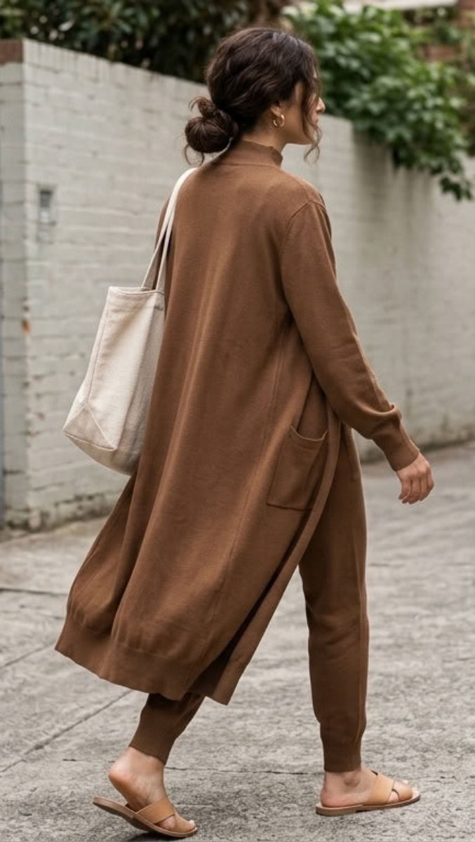 Serene Essential Longline Open-Front Pocket Cardigan - Coffee
