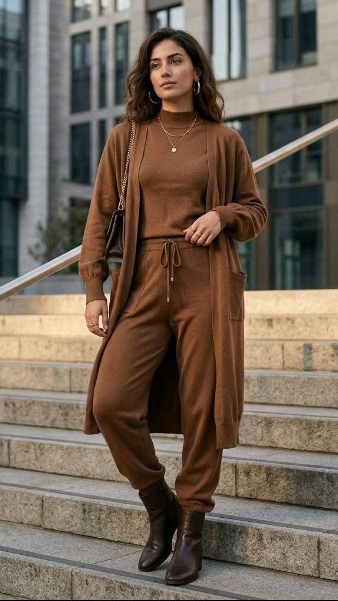 A woman stands on outdoor stone steps in front of a modern building, wearing a coordinated brown knit outfit with a long open-front cardigan, matching drawstring pants, and dark brown ankle boots.