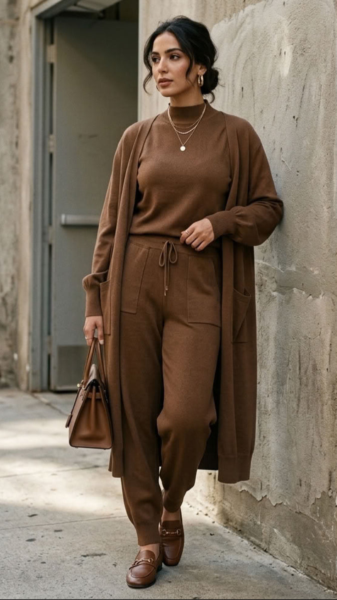 Serene Essential Longline Open-Front Pocket Cardigan - Coffee