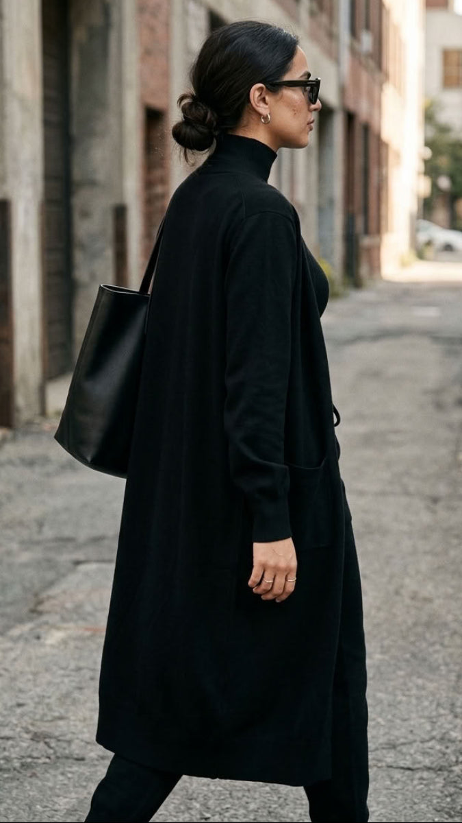 Serene Essential Longline Open-Front Pocket Cardigan - Black
