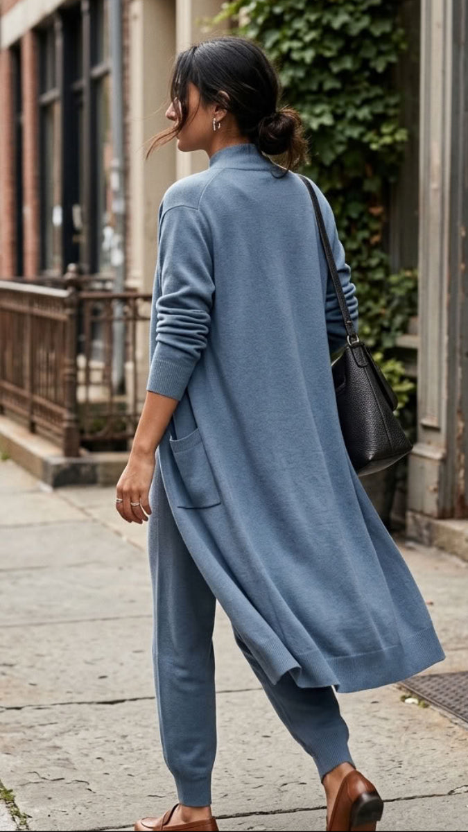 Serene Essential Longline Open-Front Pocket Cardigan - Powder Blue