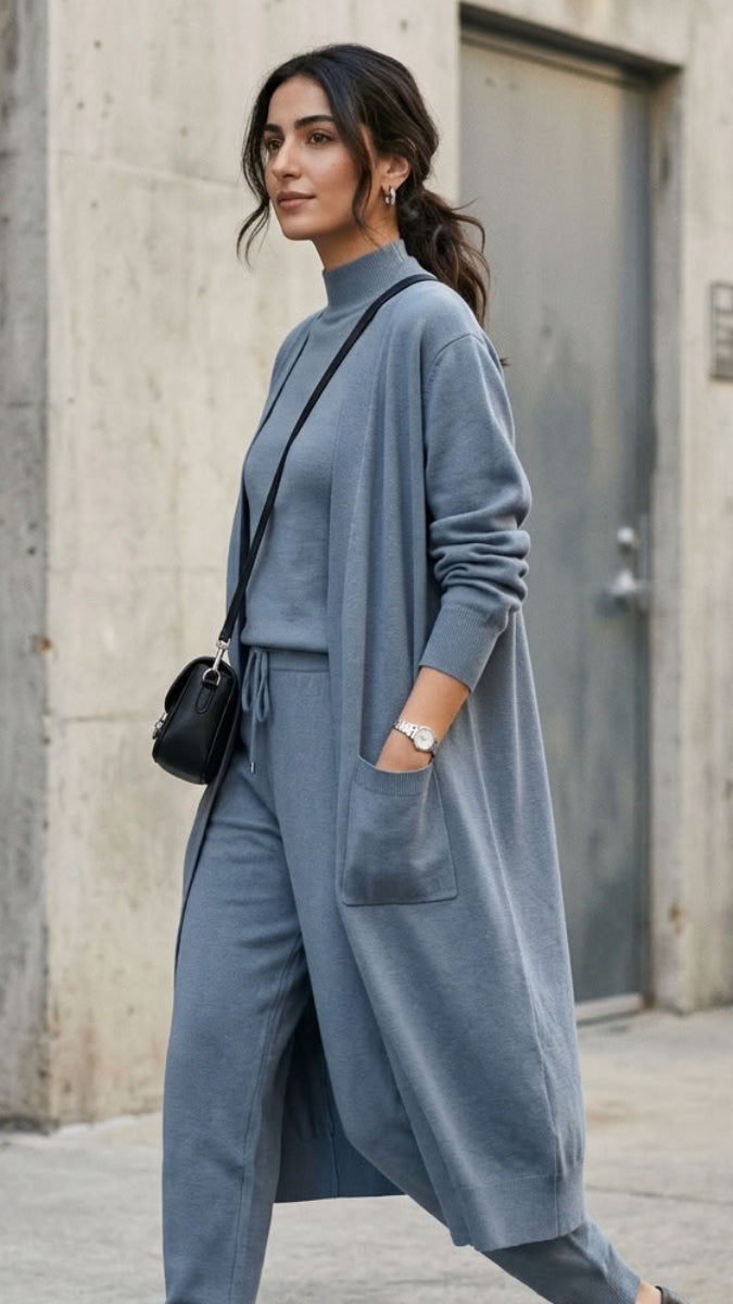 Serene Essential Longline Open-Front Pocket Cardigan - Powder Blue