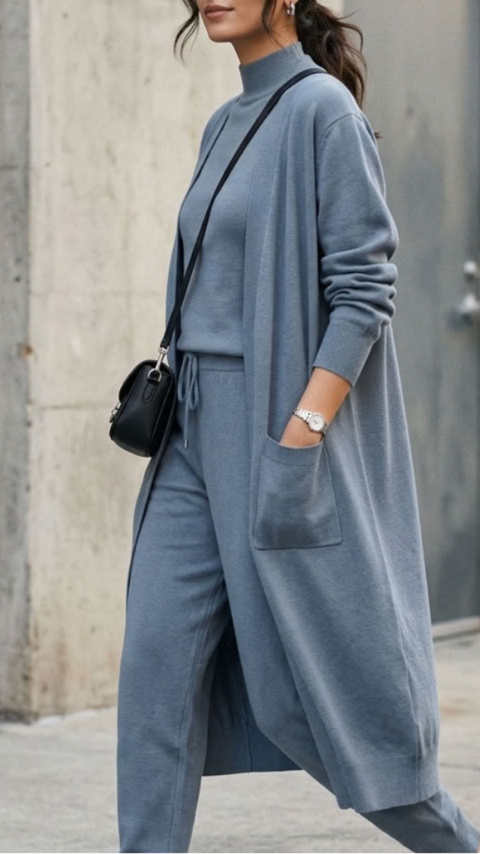 A woman walking outdoors in a matching slate blue lounge set consisting of a mock-neck long-sleeve cardigan and wide-leg pants, styled with a black crossbody bag.