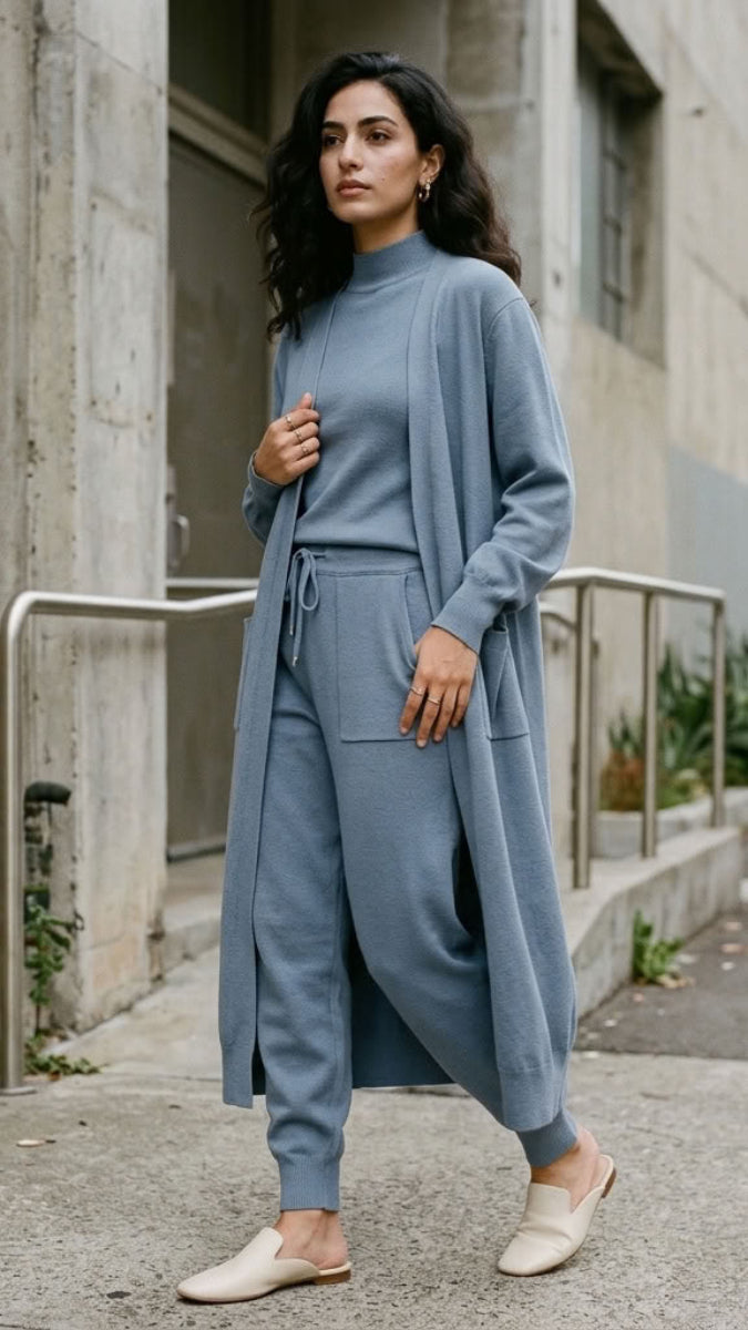Serene Essential Longline Open-Front Pocket Cardigan - Powder Blue