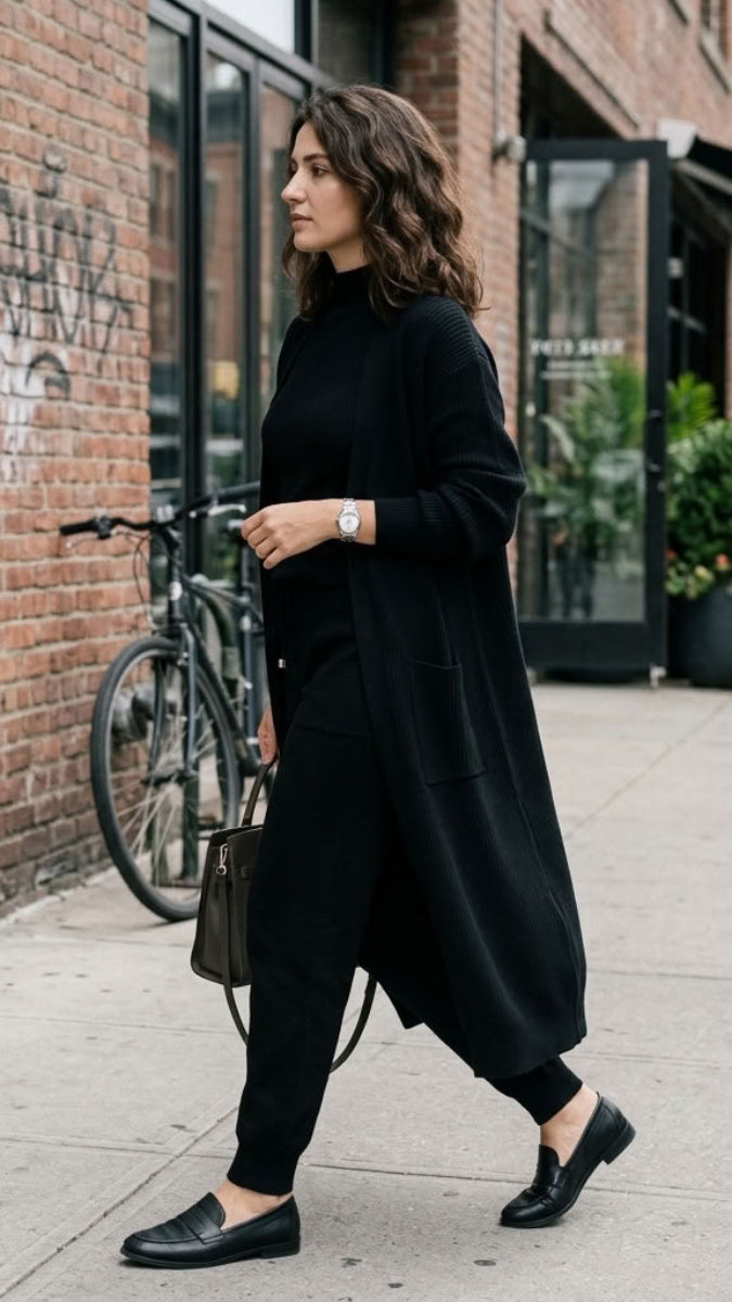 Serene Essential Longline Open-Front Pocket Cardigan - Black