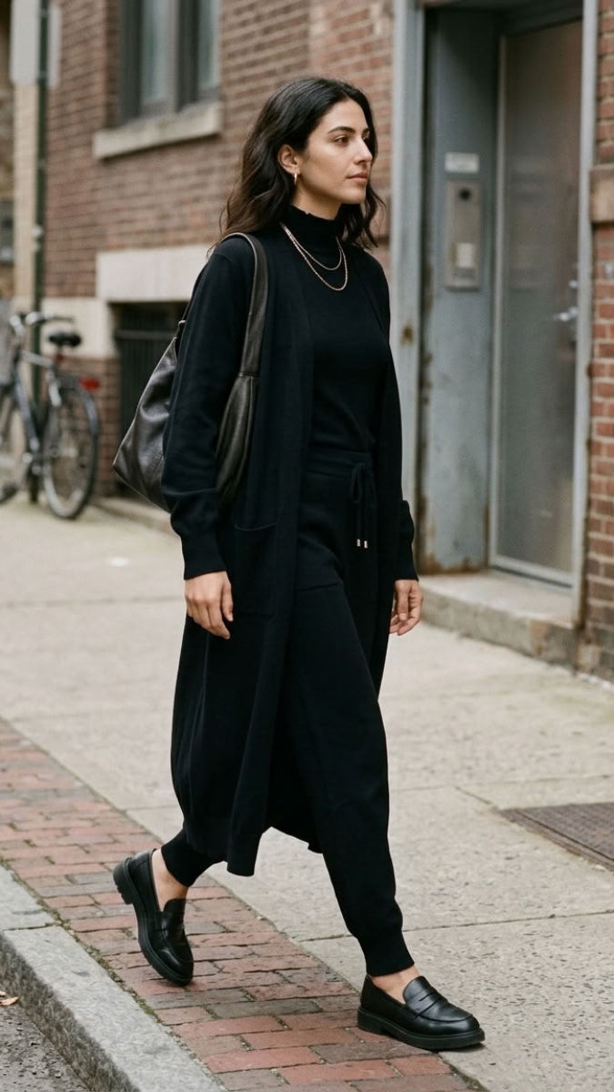 Serene Essential Longline Open-Front Pocket Cardigan - Black