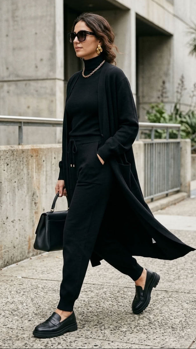 A woman walking outdoors in an urban setting wearing a black outfit consisting of a long-sleeve top, black pants, black loafers, and a long black cardigan. She is carrying a black handbag.