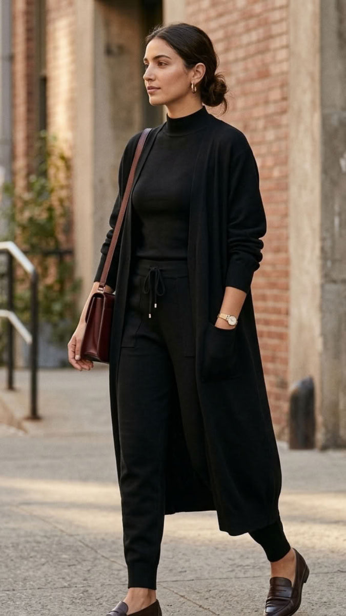 Serene Essential Longline Open-Front Pocket Cardigan - Black