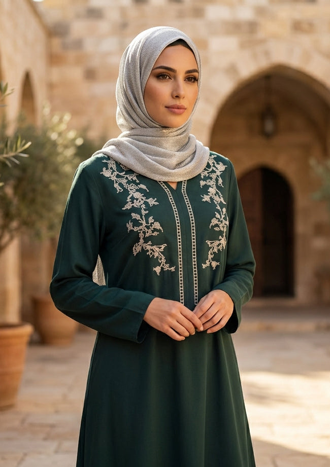Woman in a green dress with white embroidery standing in a stone archway.