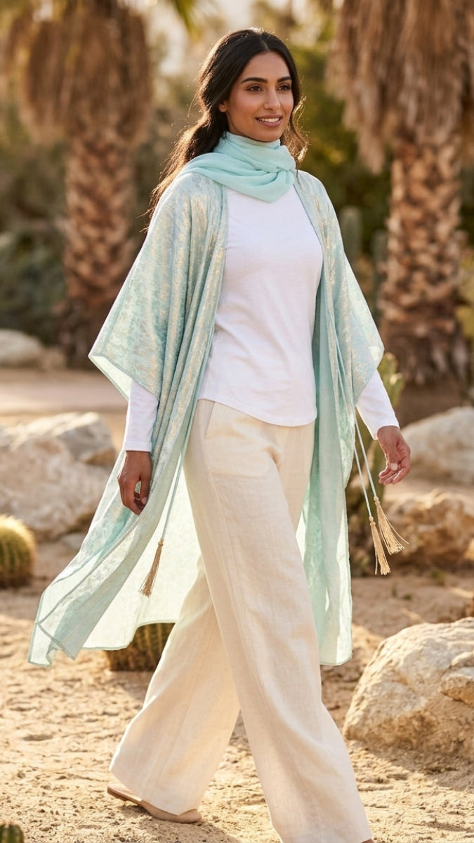 Shimmer Chiffon Floral Print Poncho - Aqua - FINAL SALE