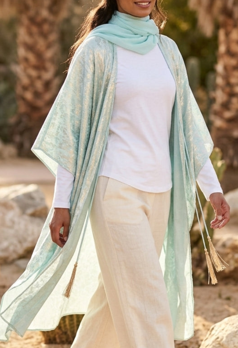 Shimmer Chiffon Floral Print Poncho - Aqua - FINAL SALE