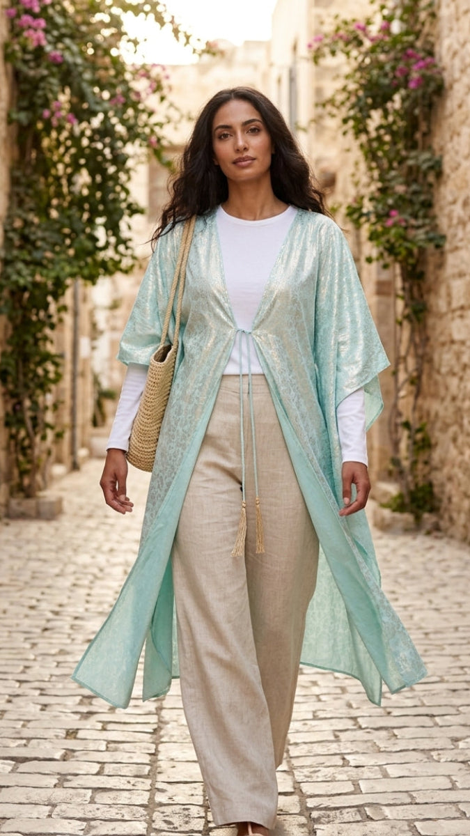Shimmer Chiffon Floral Print Poncho - Aqua - FINAL SALE