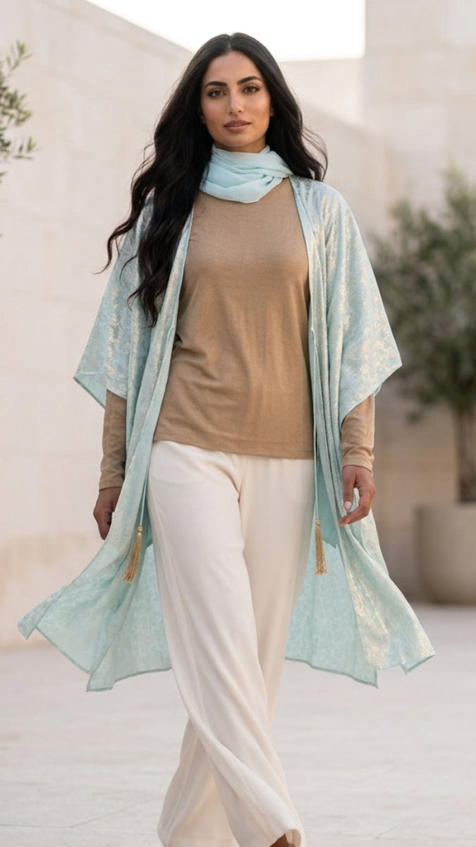 Shimmer Chiffon Floral Print Poncho - Aqua - FINAL SALE