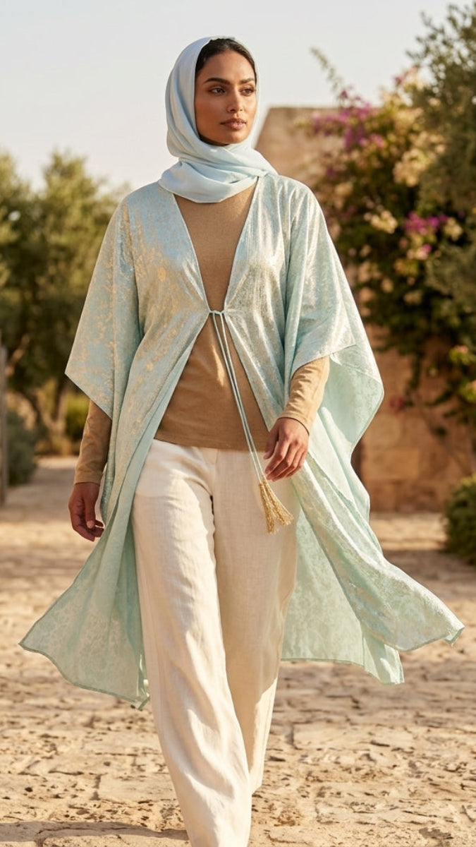 Shimmer Chiffon Floral Print Poncho - Aqua - FINAL SALE