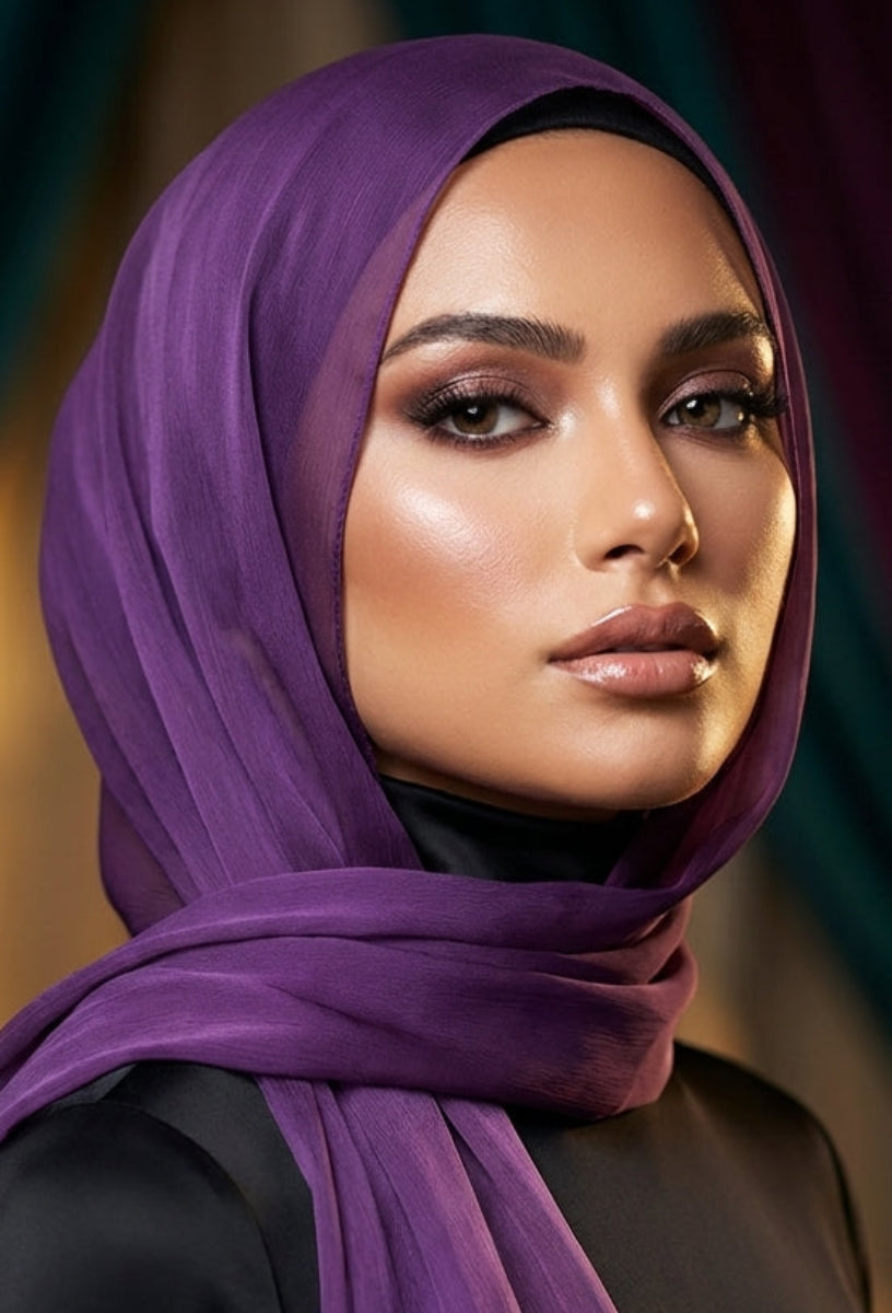 Woman wearing a purple hijab with a blurred background