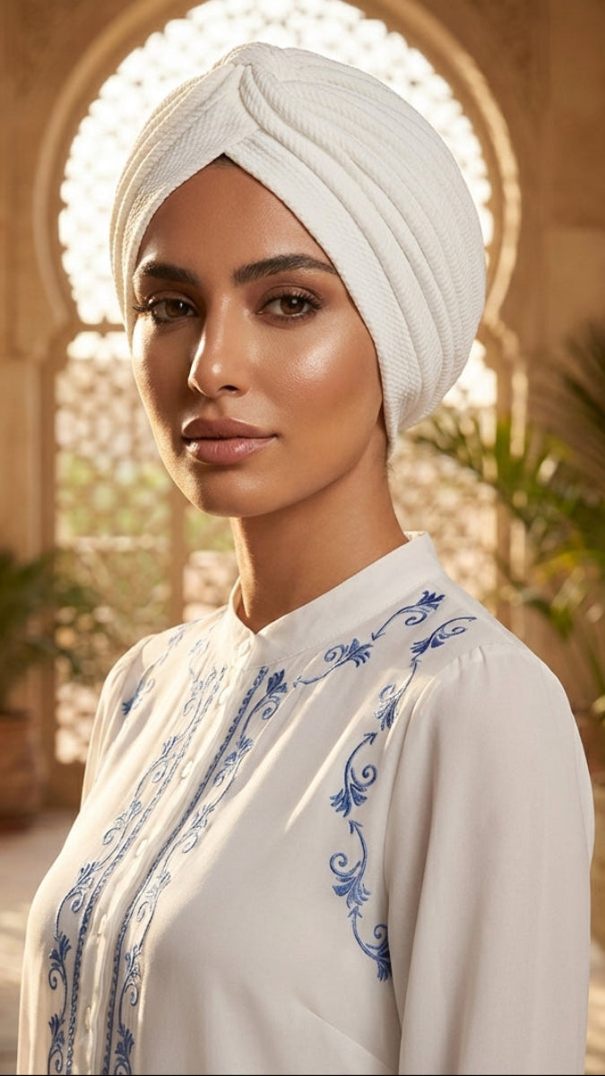 Woman wearing a white embroidered top and headscarf in an arched architectural setting