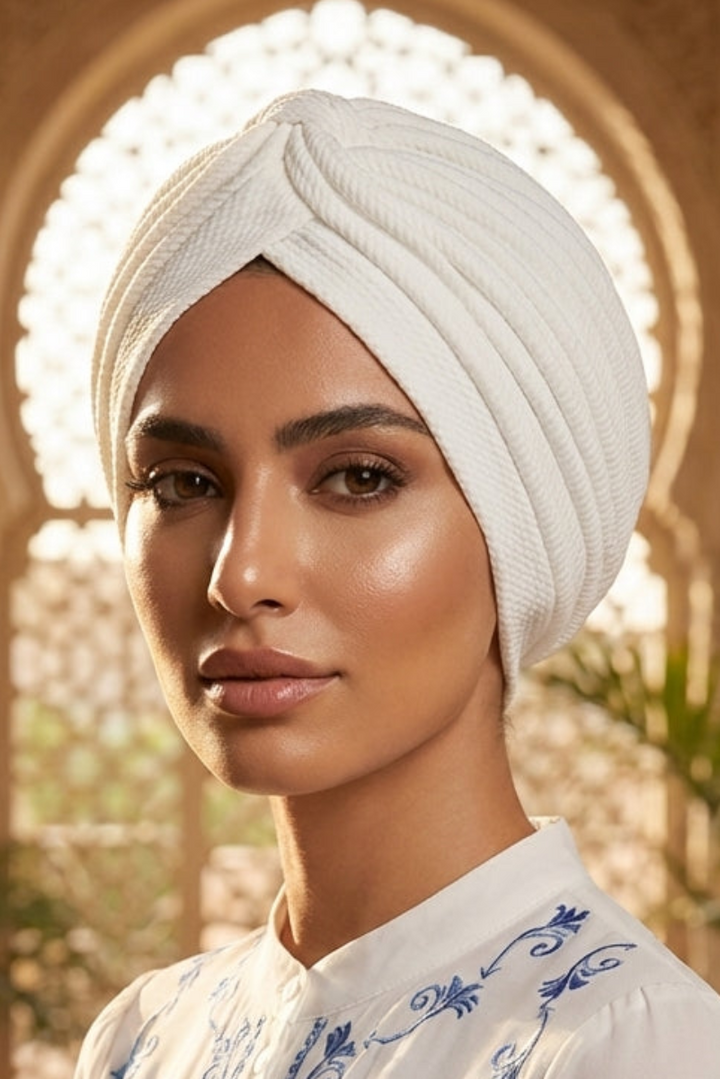 Woman wearing a white embroidered top and headscarf in an arched architectural setting