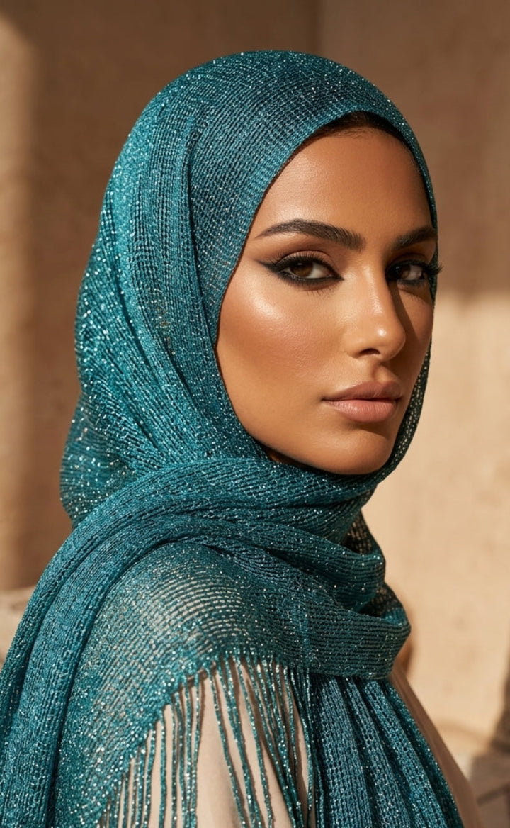 A woman wearing a shimmering teal-blue hijab with fringe, posed against a warm beige architectural background.