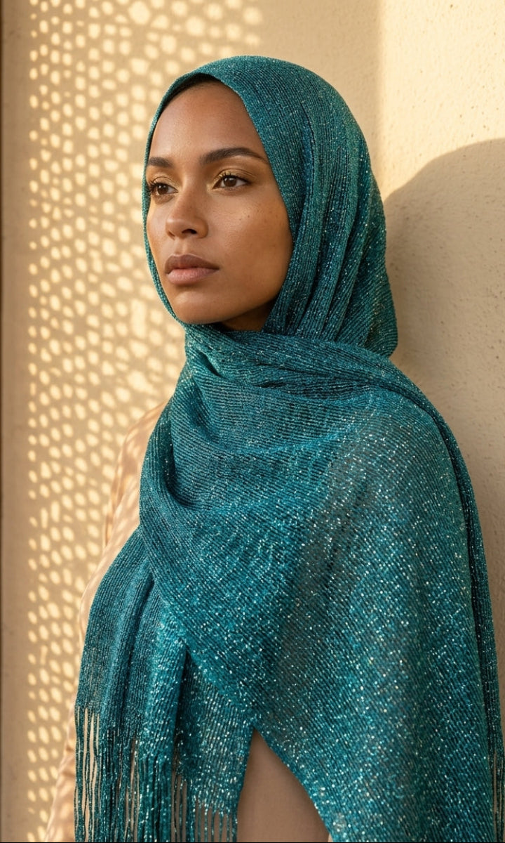 A woman wearing a shimmering teal blue hijab and shawl draped over her shoulders, posed against a textured beige wall with warm sunlight and shadow patterns.