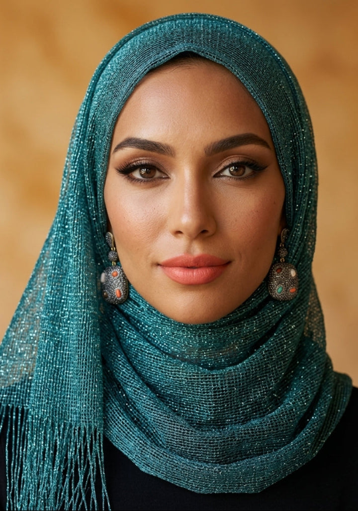 A woman wearing a shimmering teal-green hijab with fringe, styled with ornate dangling earrings against a warm beige architectural background.