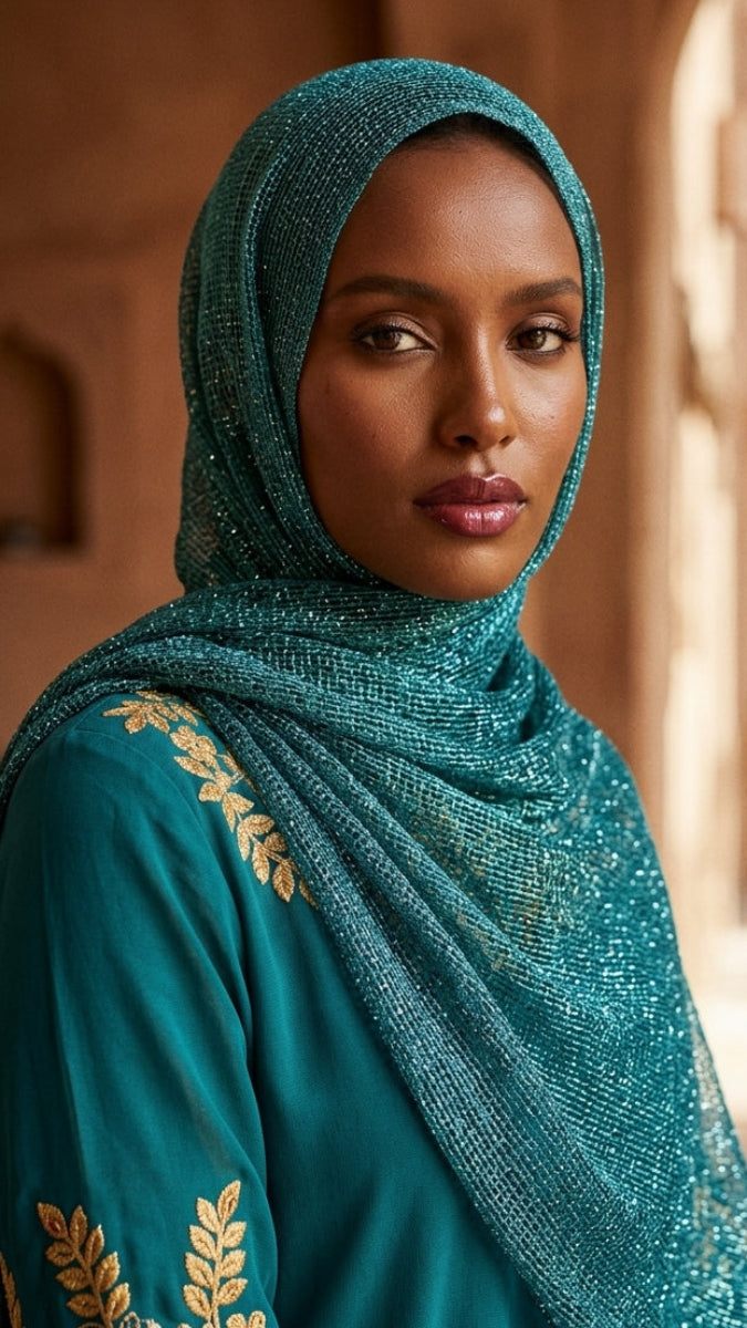 A woman wearing a teal green embroidered hijab and matching embroidered top, standing in a warm-toned architectural setting with arches.