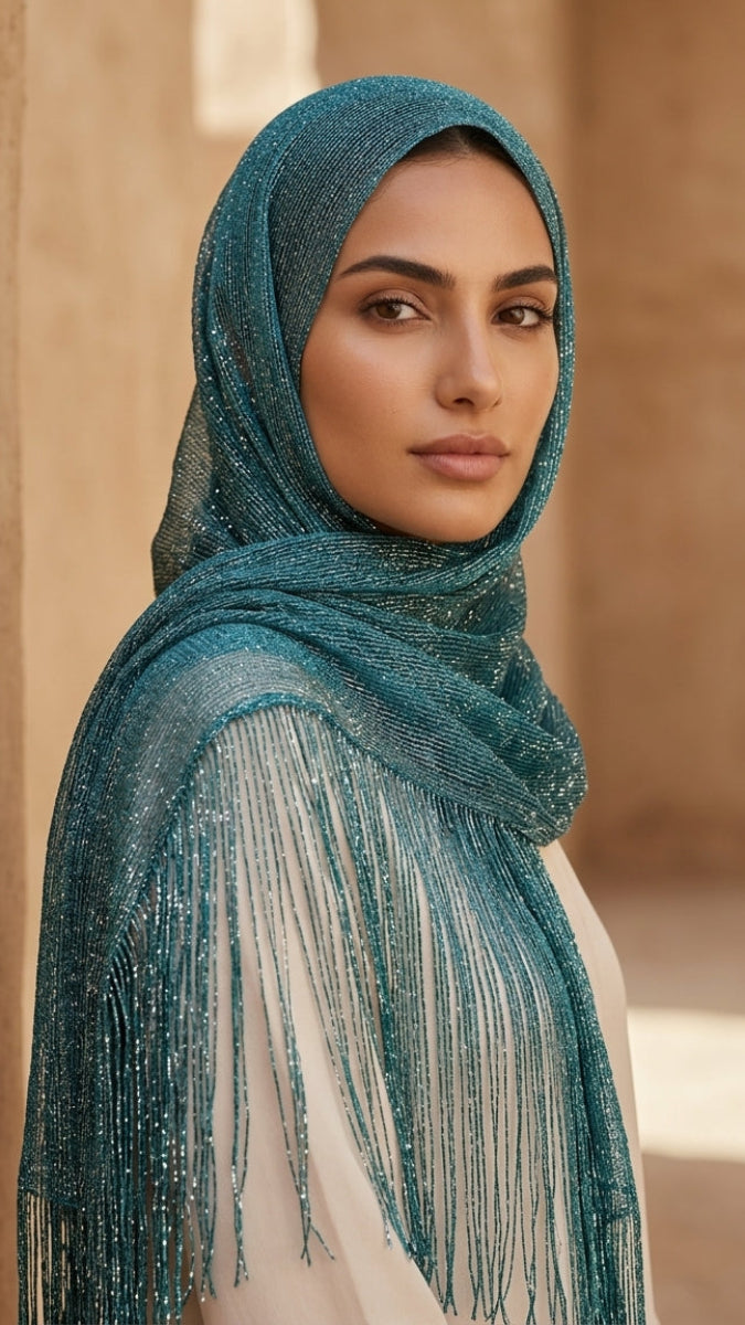 A woman wearing a shimmering teal blue hijab with long fringe, posed against a warm beige stone wall background.