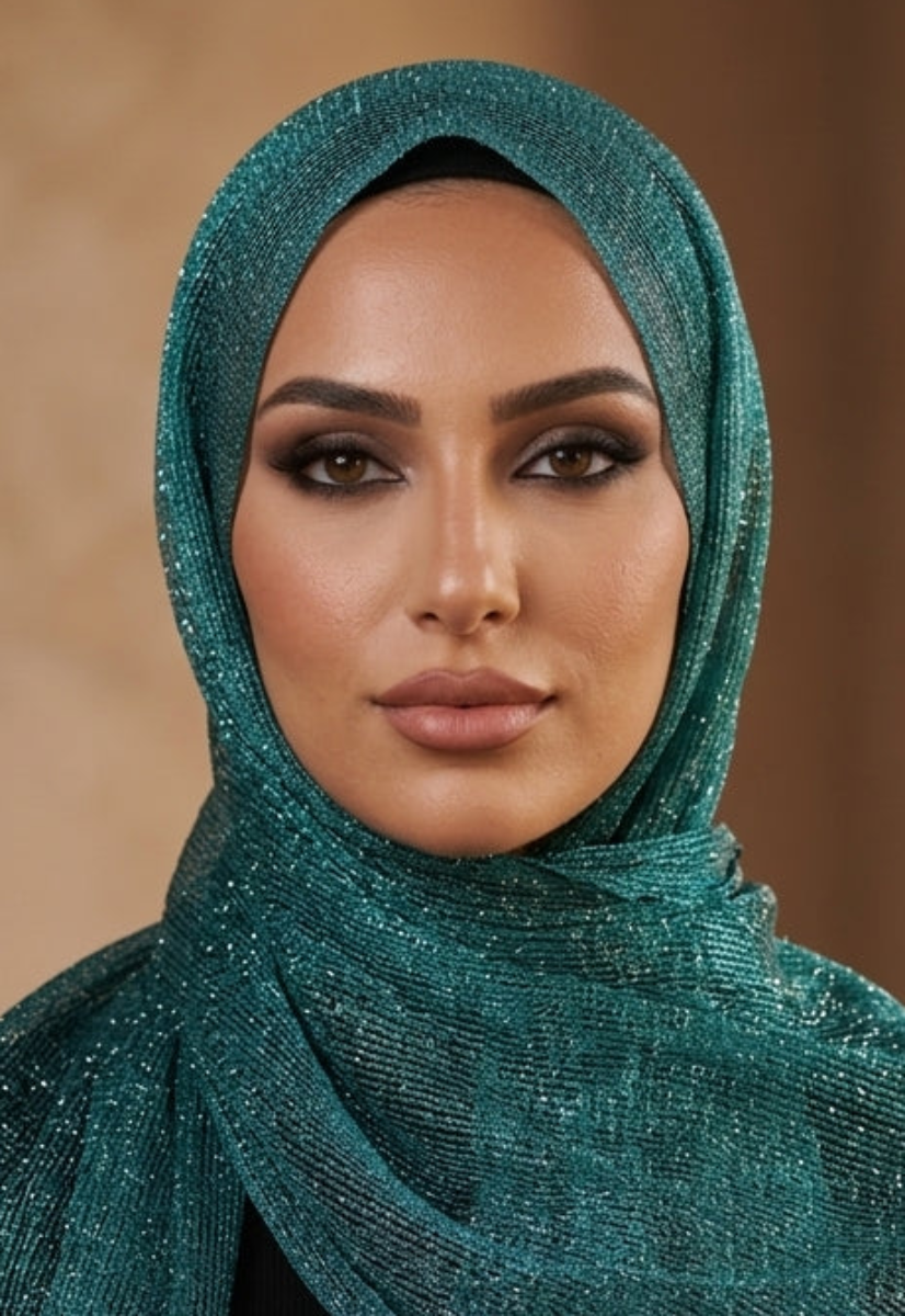 A woman wearing a shimmering teal green hijab with fringe detailing, styled over a black top against a warm, softly blurred architectural background.
