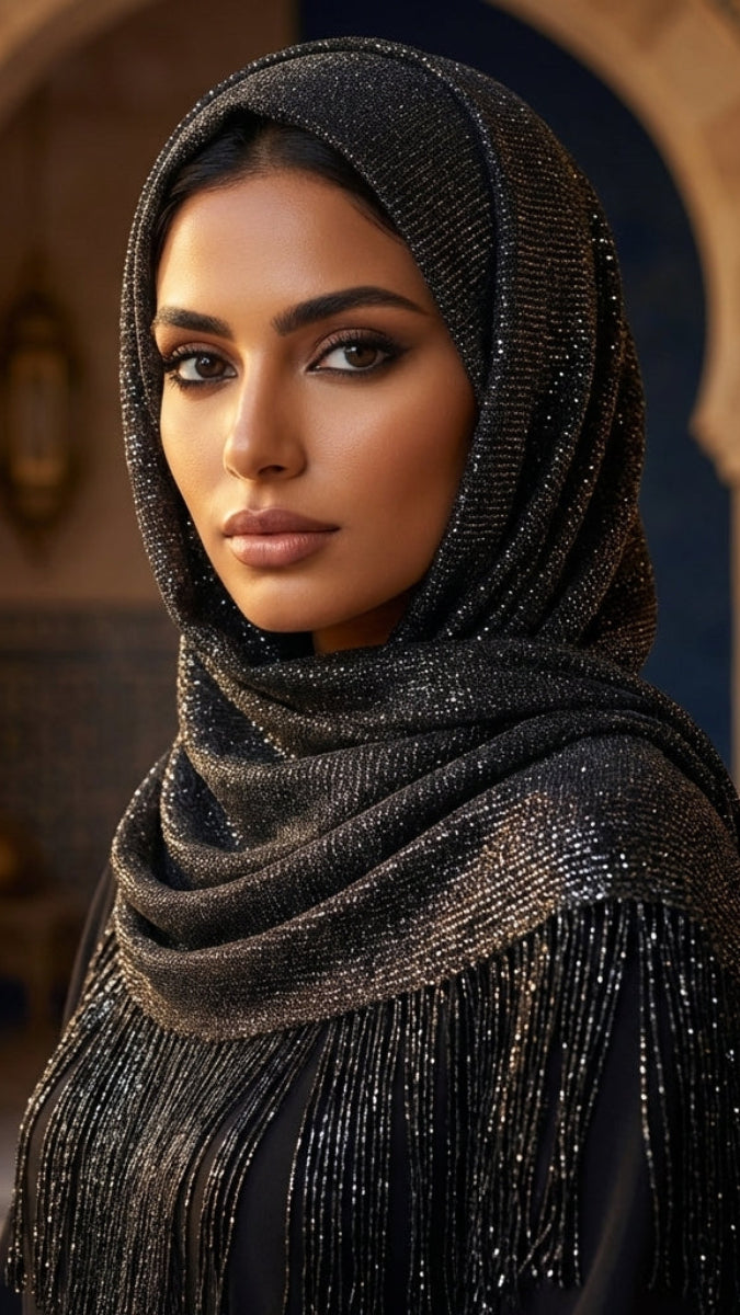 Woman wearing a black hijab with intricate patterns in an ornate architectural setting.