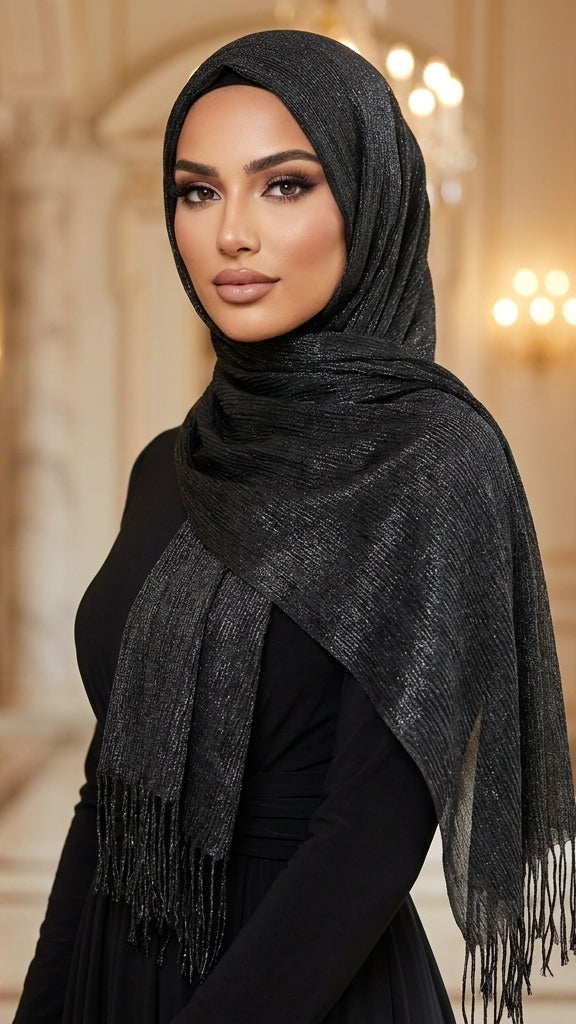 Woman wearing a black hijab with fringe in an elegant interior setting