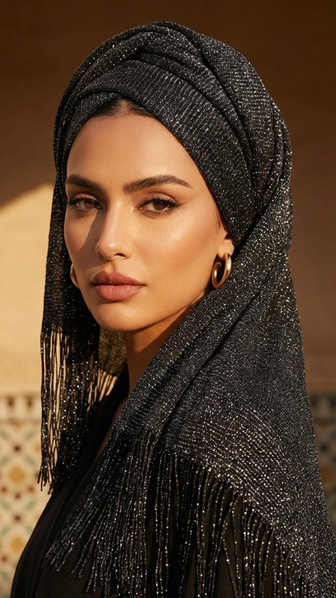 Woman wearing a black headscarf with fringe in front of an architectural background