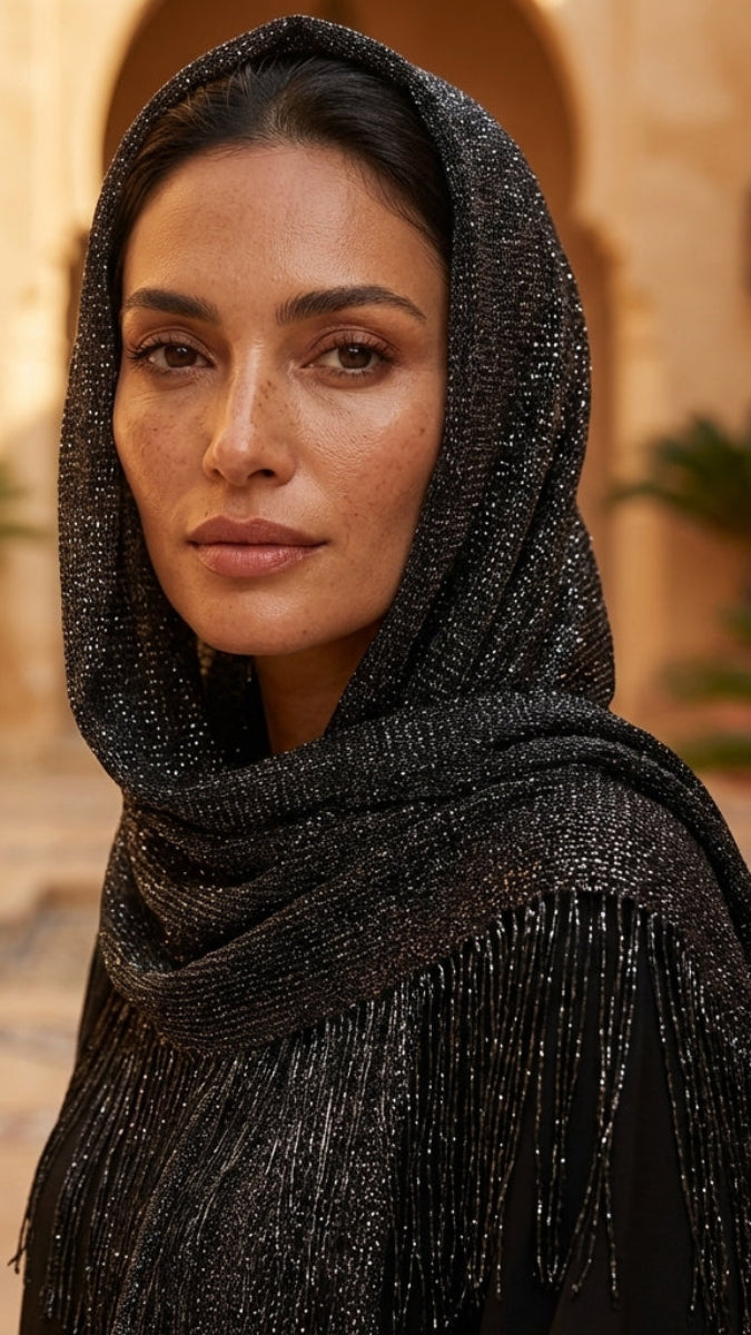 Woman wearing a black hijab with fringe in an outdoor setting with plants and stone architecture.
