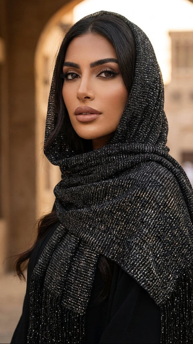 Woman wearing a black hijab with intricate patterns in an outdoor setting