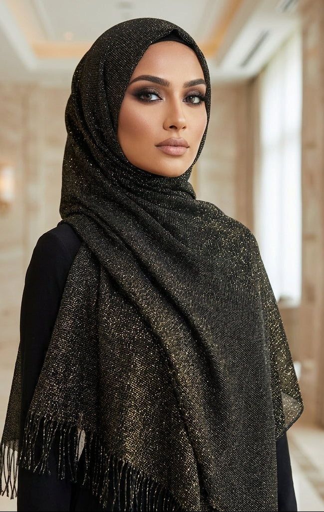 Woman wearing a black hijab with gold patterns in an indoor setting