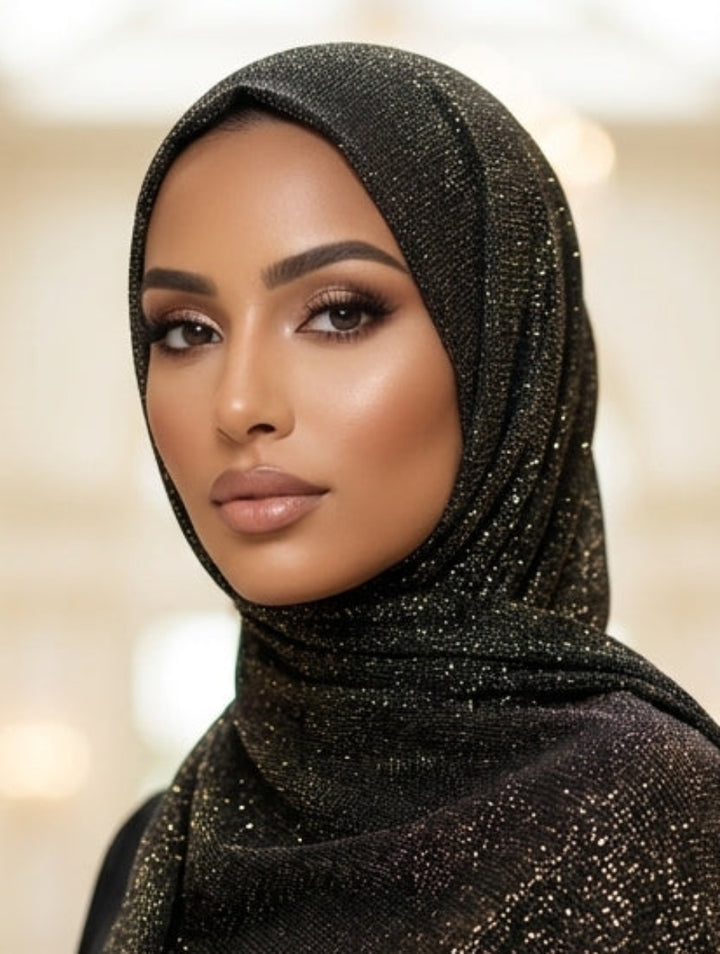Woman wearing a black hijab with gold detailing against a blurred indoor background