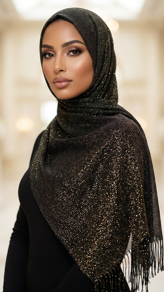 Woman wearing a black hijab with gold detailing against a blurred indoor background