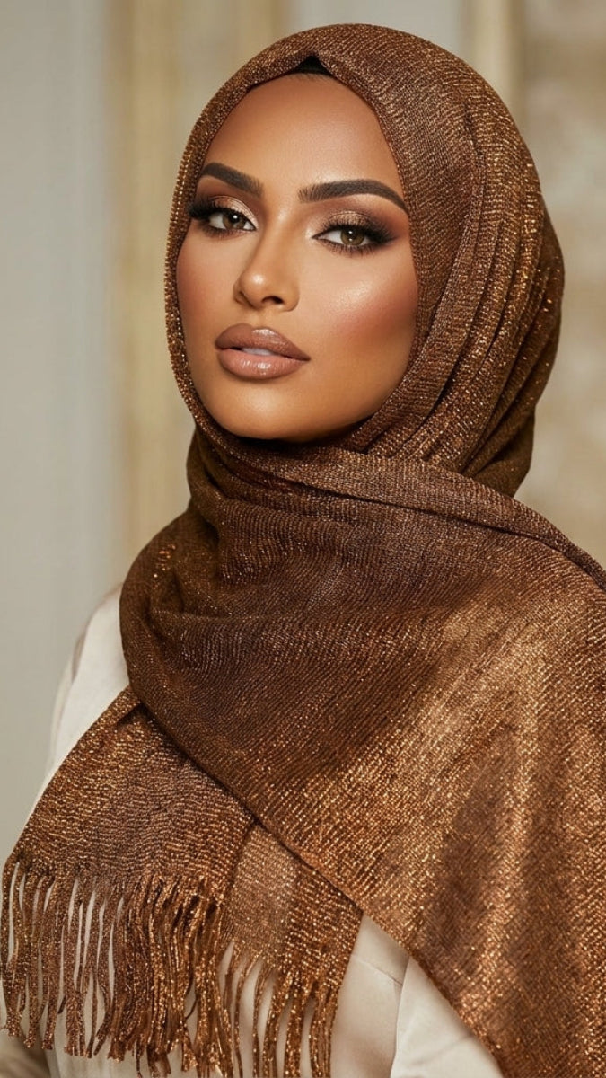 Woman wearing a brown hijab with fringe details against a neutral background