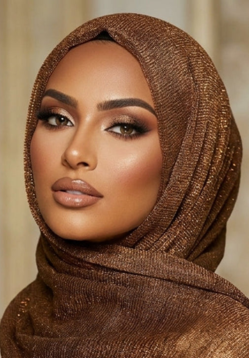 Woman wearing a brown hijab with a neutral background
