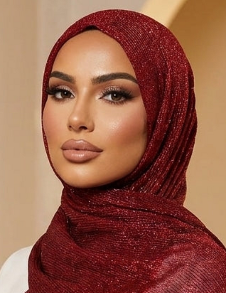 Woman wearing a red hijab with fringe in an ornate interior setting