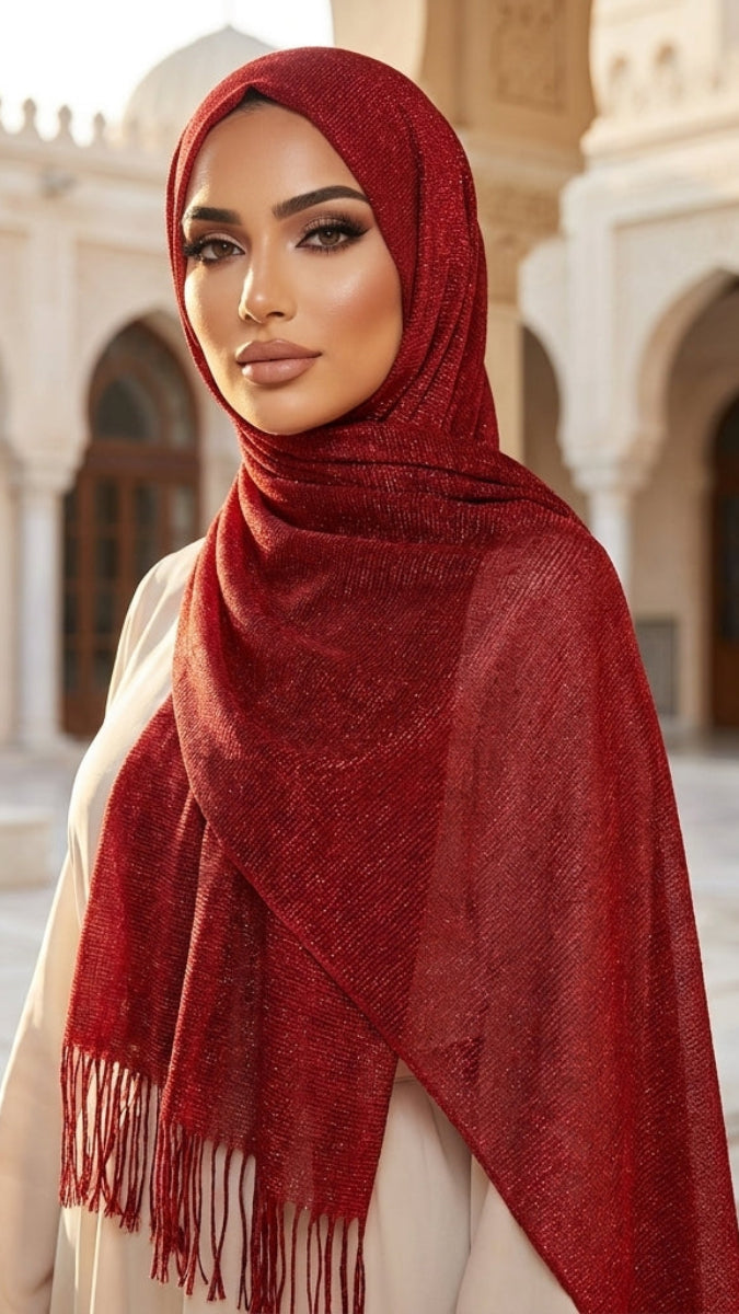 Woman wearing a red hijab in an architectural setting