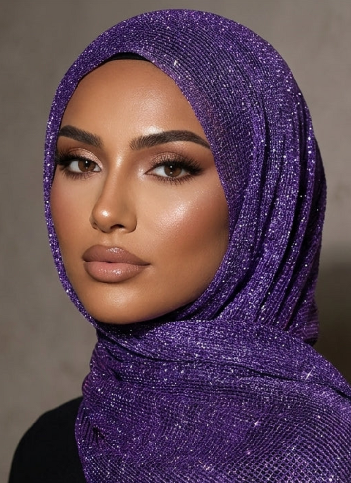 Woman wearing a sparkling purple hijab against a neutral background