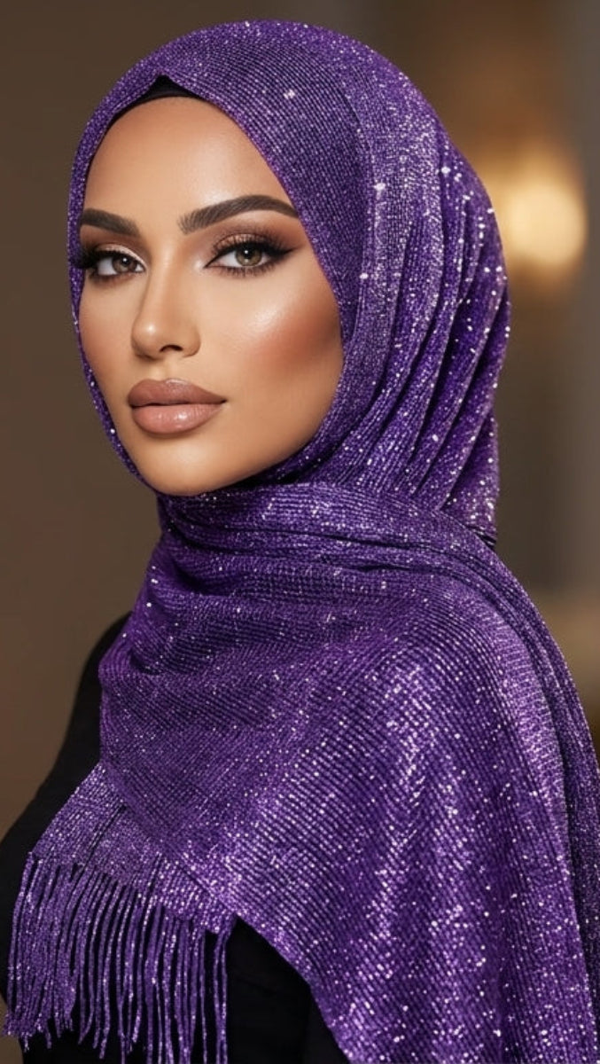 Woman wearing a purple hijab with fringe details in an indoor setting