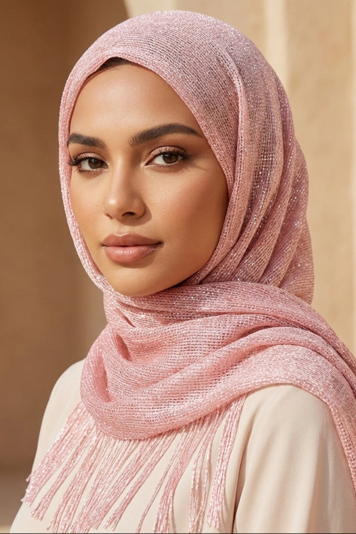 Woman wearing a pink hijab with a beige background