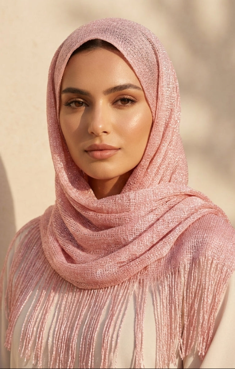Woman wearing a pink hijab against a beige background