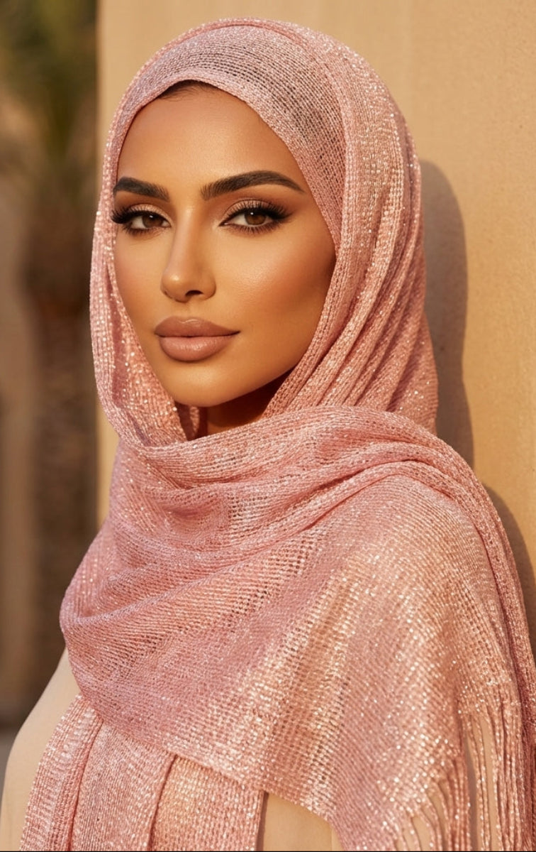 Woman wearing a pink hijab against a beige wall