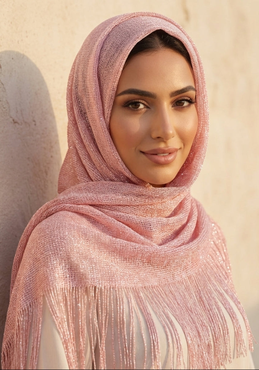 Woman wearing a pink hijab with fringe details against a beige wall.