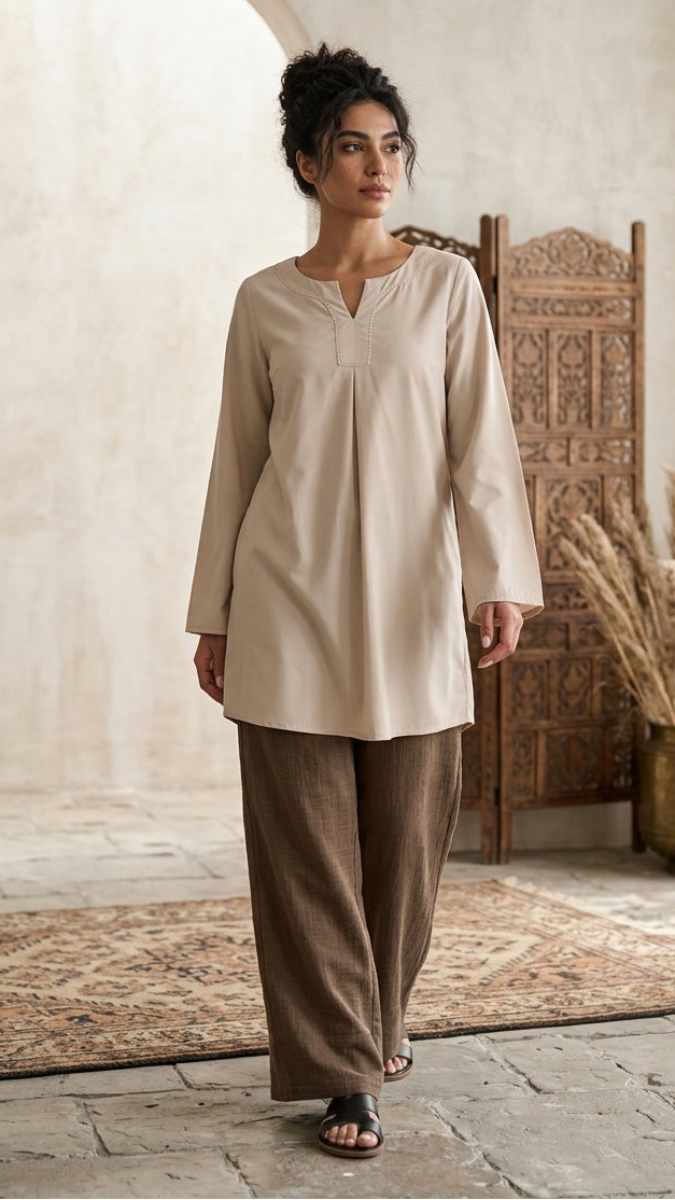 Woman wearing a beige top and brown pants standing in a room with a textured wall and wooden chair.