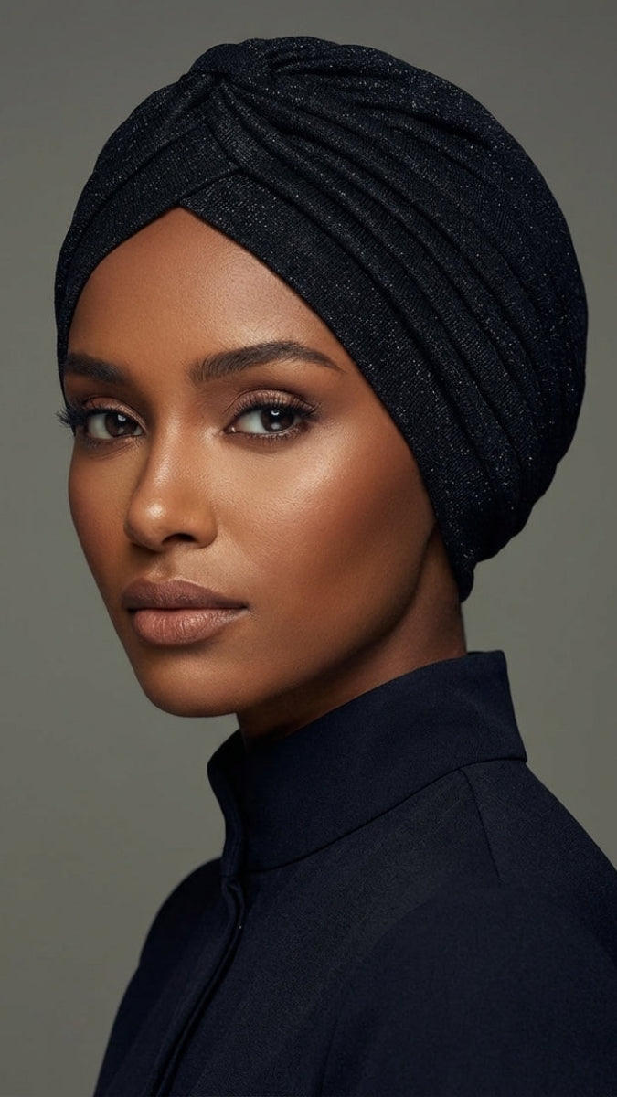 Simone Sparkly One Piece Pull on Stretchy Turban - Black