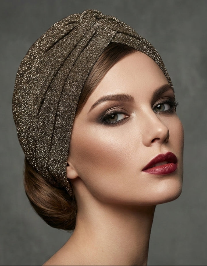 Simone Sparkly One Piece Pull on Stretchy Turban - Gold