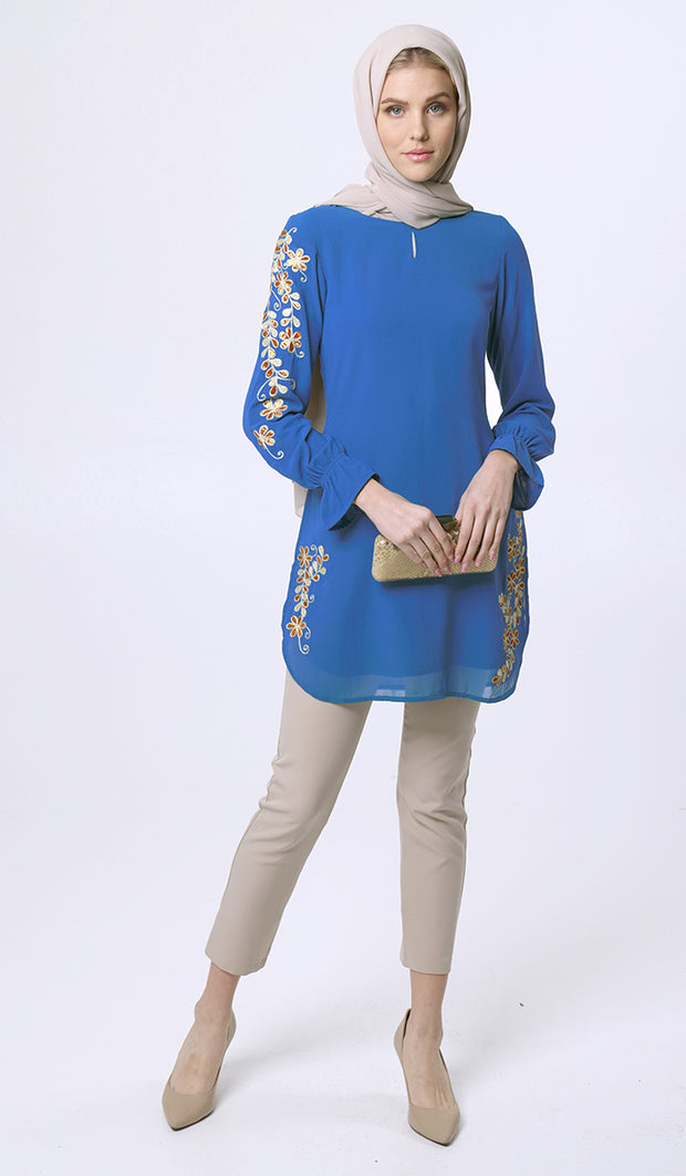 Sofia Silver Embellished Long Tunic Dress - Blue