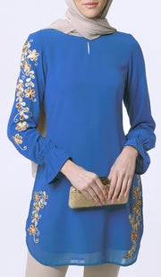 Sofia Gold Embellished Long Tunic Dress - Blue